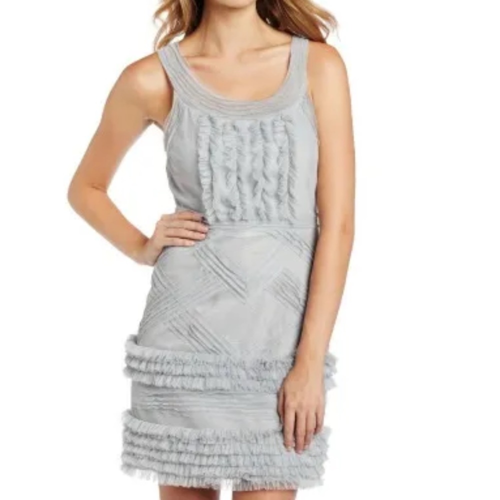BCBGMaxAzria Annie Pearl Gray Lace Tulle Ruffle Mini Dress Size 0